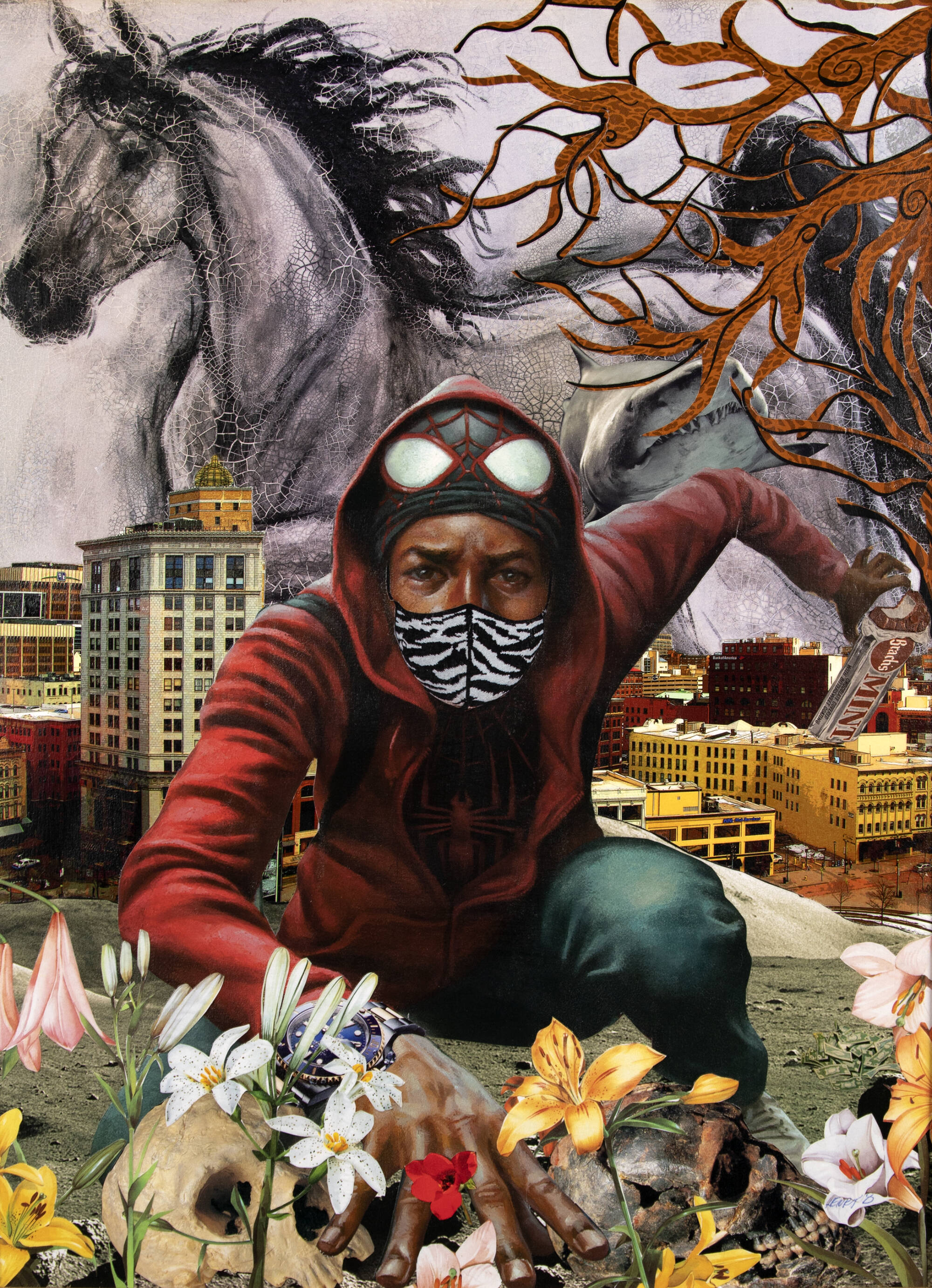 Collage of many images including a crouched person wearing a mask, a horse, a tree, a cityscape and flowers.